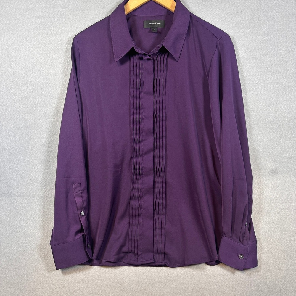Banana Republic Womens Deep Highland Purple Pleated Tuxedo Blouse L